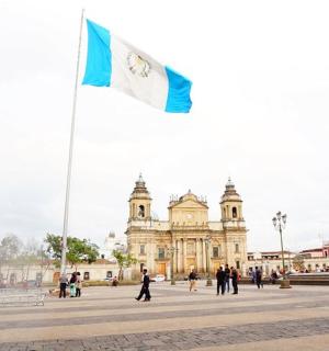建筑物前飘扬的旗帜