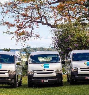 three white trucks parked in the grass under a tree