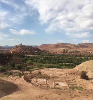 沙漠景观，背景为群山