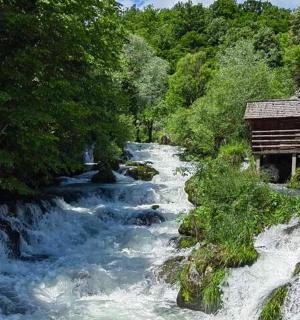 a river with a bridge next to a river with trees