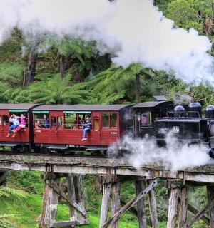 桥上停着一辆蒸汽火车，车上载着乘客