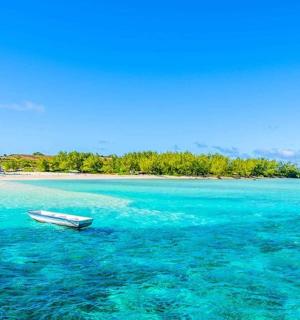a boat sitting in the water near an island