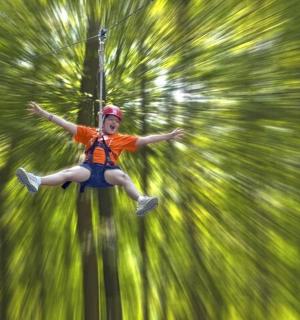 a woman on a zip line in the trees