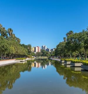 公园里有一条河流，公园里有棕榈树和建筑物