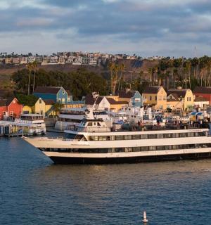 a large boat in the water next to a harbor
