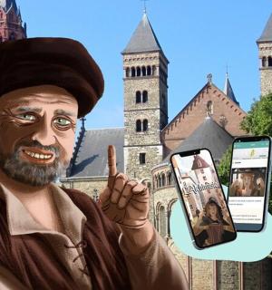 a statue of a man holding a cell phone