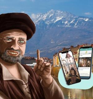 一幅画，画中一名男子手持手机