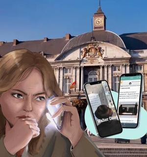 a woman talking on a cell phone in front of a building