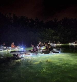 a group of people in boats in the water at night