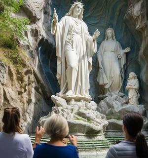 一群人看着一座雕像