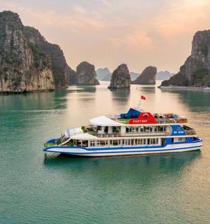 a cruise ship in the water with limestone islands