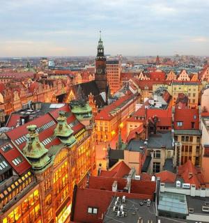 an aerial view of a city with buildings