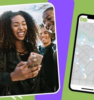two pictures of a woman looking at a cell phone