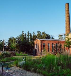 花园里有一座带烟囱的旧砖房