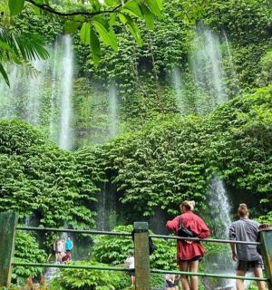 一群人站在瀑布前