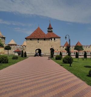 a large castle with a brick path in front of it