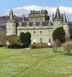 a castle sitting on top of a lush green field