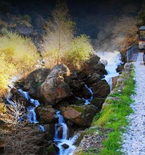 一列火车沿着河边的铁轨行驶