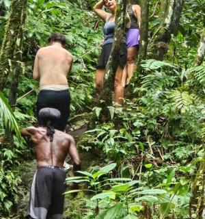 三个男人沿着丛林小路行走