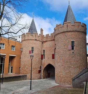 eine große Backsteinburg mit zwei Türmen auf einem Gebäude