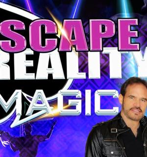 一名男子和一名女子站在一块写着“逃避现实”的牌子前