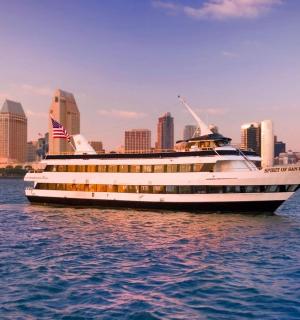 a cruise ship in the water with a city in the background