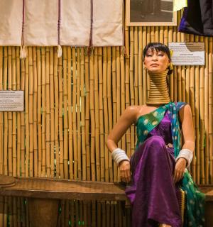 一位穿着裙子的女人坐在架子上