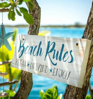 a sign on a tree with the ocean in the background