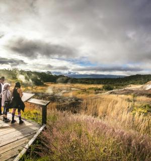 一群人站在木板路上