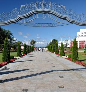 公园里有蓝白相间的拱门的人行道