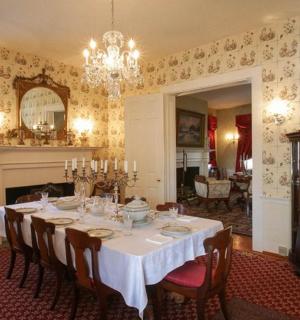 jídelna se stolem, židlemi a lustrem