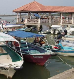 一群船停靠在码头的水中