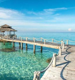 a wooden pier in the water with a thatch roof