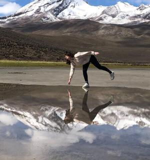 一名男子在山前跳入水中
