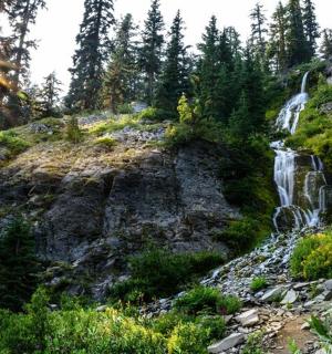 树木繁茂的山坡上的瀑布