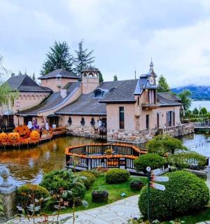 a large house with a pond in front of it