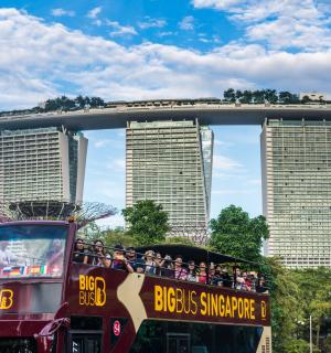 过山车前的一辆双层巴士