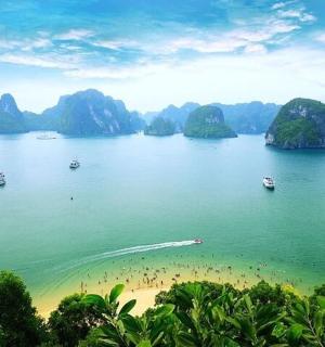 a group of people on a beach in the water