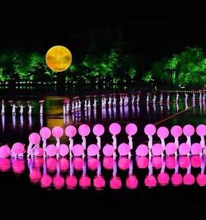 晚上，篱笆上挂着一堆粉色气球
