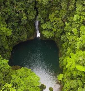 an aerial view of a waterfall in the middle of a forest