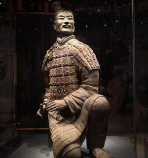 socha muže sedícího ve skleněné vitríně