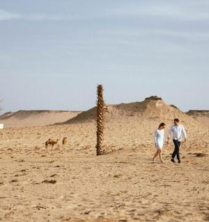 一对男女带着一条狗在沙漠中行走