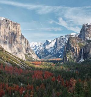 a mountain valley with trees and snow covered mountains
