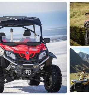 一组三张全地形车和骑着全地形车的人的照片，以及一张红色