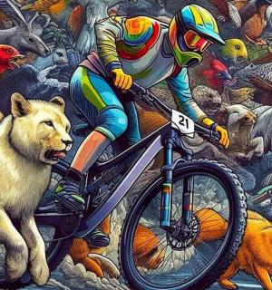 一幅画，画中一名男子骑着自行车，身后是一群动物