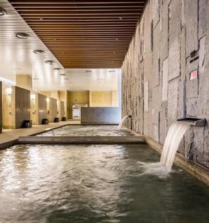 a pool of water in a building with a waterfall