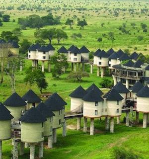 an aerial view of a bunch of houses in a field