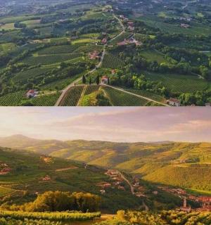 to billeder af en grøn dal og en by