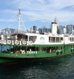 a green and white boat in the water with a city