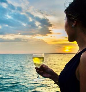 a woman holding a glass of wine in front of the ocean